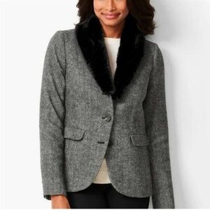 Talbots Aberdeen Herringbone Woven Removable Fur Collared Blazer Sz 10